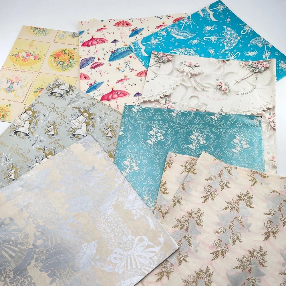Vtg Variety Gift Wrap 4 Ribbon Lot Baby Wedding Shower Mid Century Junk Journal